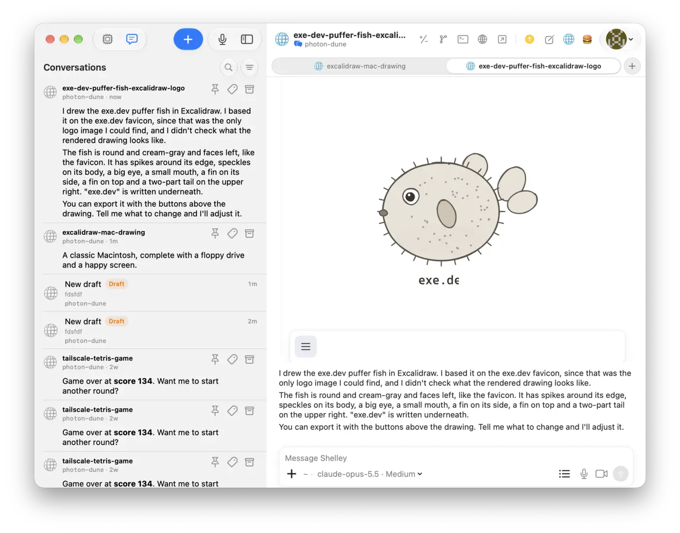 The exe.dev Mac app showing a Shelley conversation